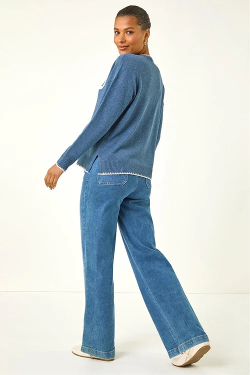 Roman Blue Contrast Stitch Bow Knit Jumper - Size 16 Clothing Image 4