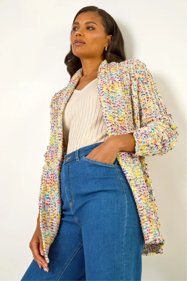 Roman Ivory Soft Knit Nep Longline Cardigan