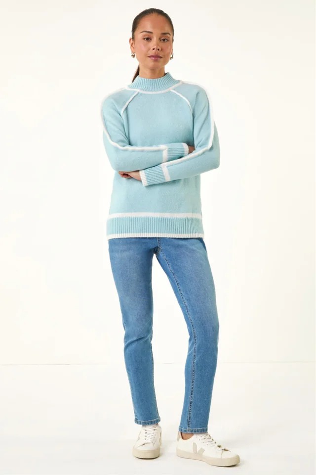 Roman Blue Petite Contrast Ribbed Knit Jumper