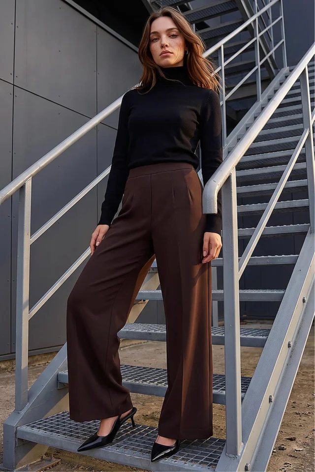Roman Chocolate Petite Wide Leg Ponte Stretch Trouser