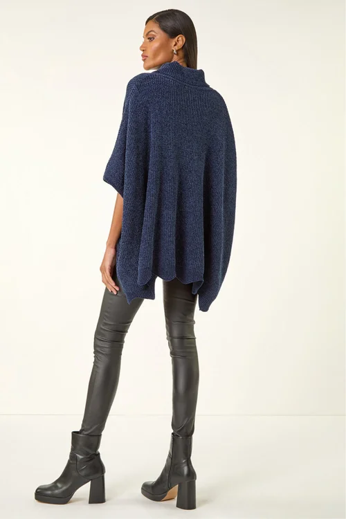 Roman Navy Roll Neck Chenille Knit Poncho - S Image 3