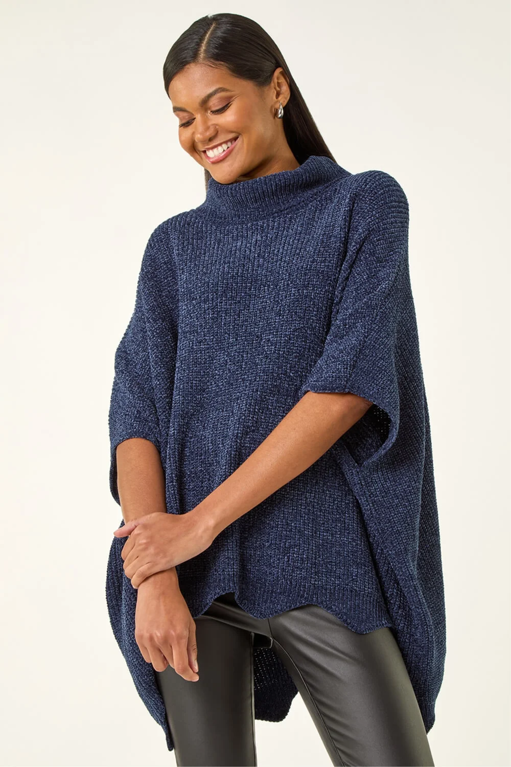 Roman Navy Roll Neck Chenille Knit Poncho - S Image 4