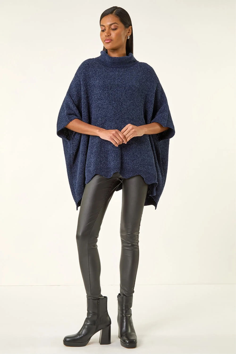 Roman Navy Roll Neck Chenille Knit Poncho - S Image 2