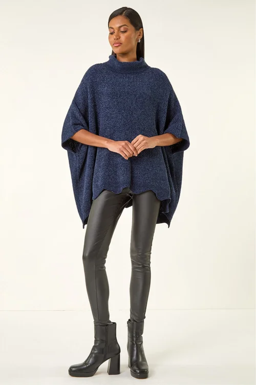 Roman Navy Roll Neck Chenille Knit Poncho - S Image 2