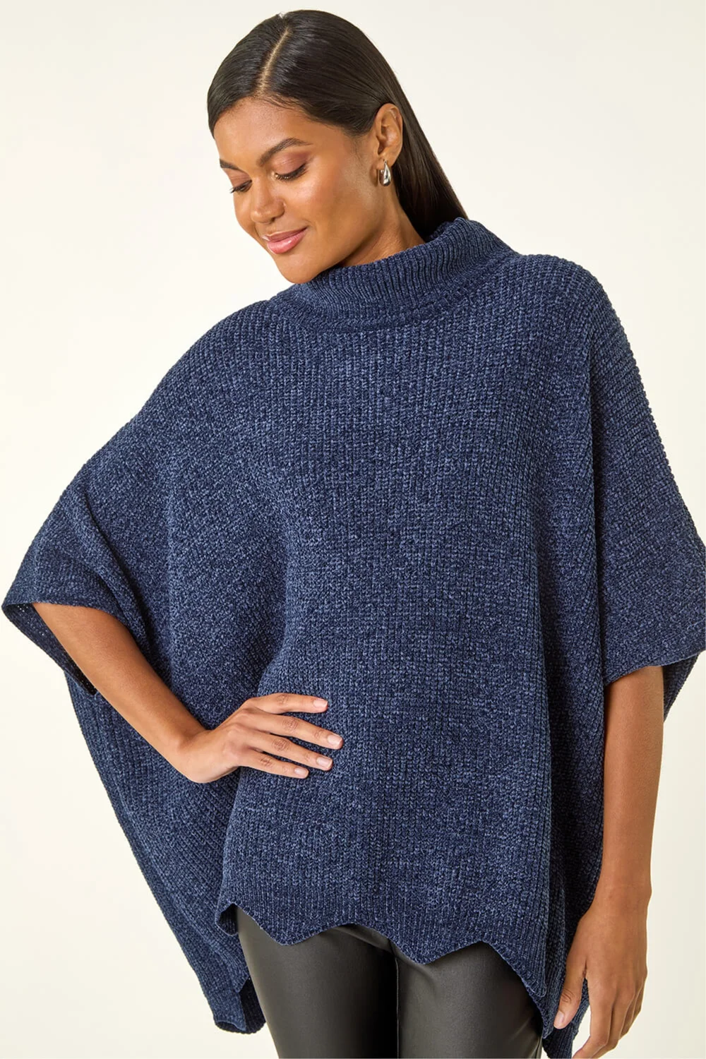 Roman Navy Roll Neck Chenille Knit Poncho - S Image 1