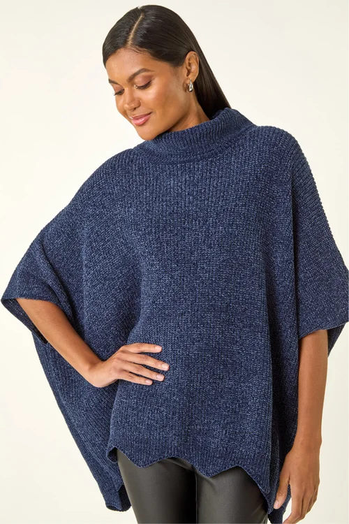 Roman Navy Roll Neck Chenille Knit Poncho - S Image 1