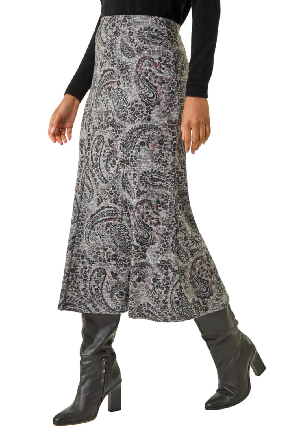 Roman Grey Paisley Print Stretch Midi Skirt - Size 16 Clothing Image 1