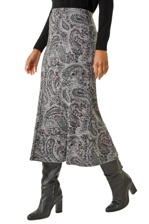 Roman Grey Paisley Print Stretch Midi Skirt - Size 16 Clothing Image 1