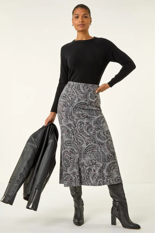 Roman Grey Paisley Print Stretch Midi Skirt - Size 16 Clothing Image 3