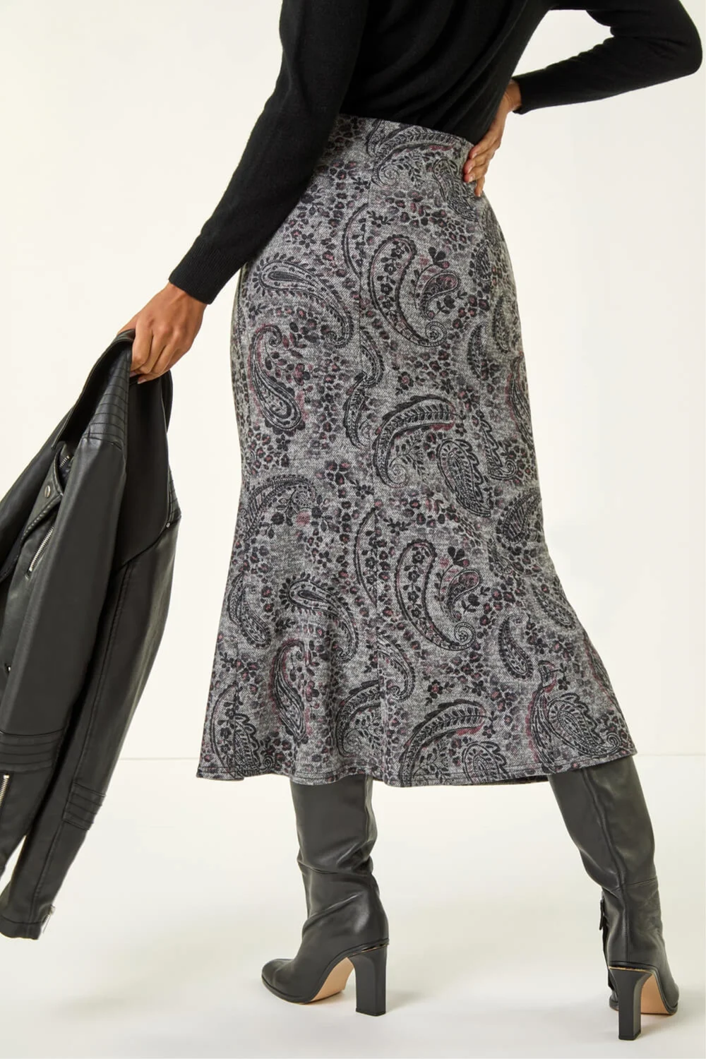 Roman Grey Paisley Print Stretch Midi Skirt - Size 16 Clothing Image 4