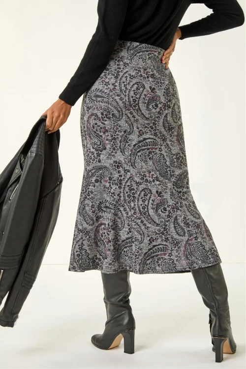 Roman Grey Paisley Print Stretch Midi Skirt - Size 16 Clothing Image 4