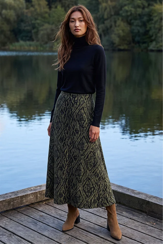 Roman Khaki Abstract Diamond Print Midi Skirt
