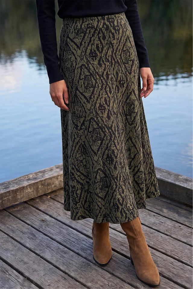 Roman Khaki Abstract Diamond Print Midi Skirt