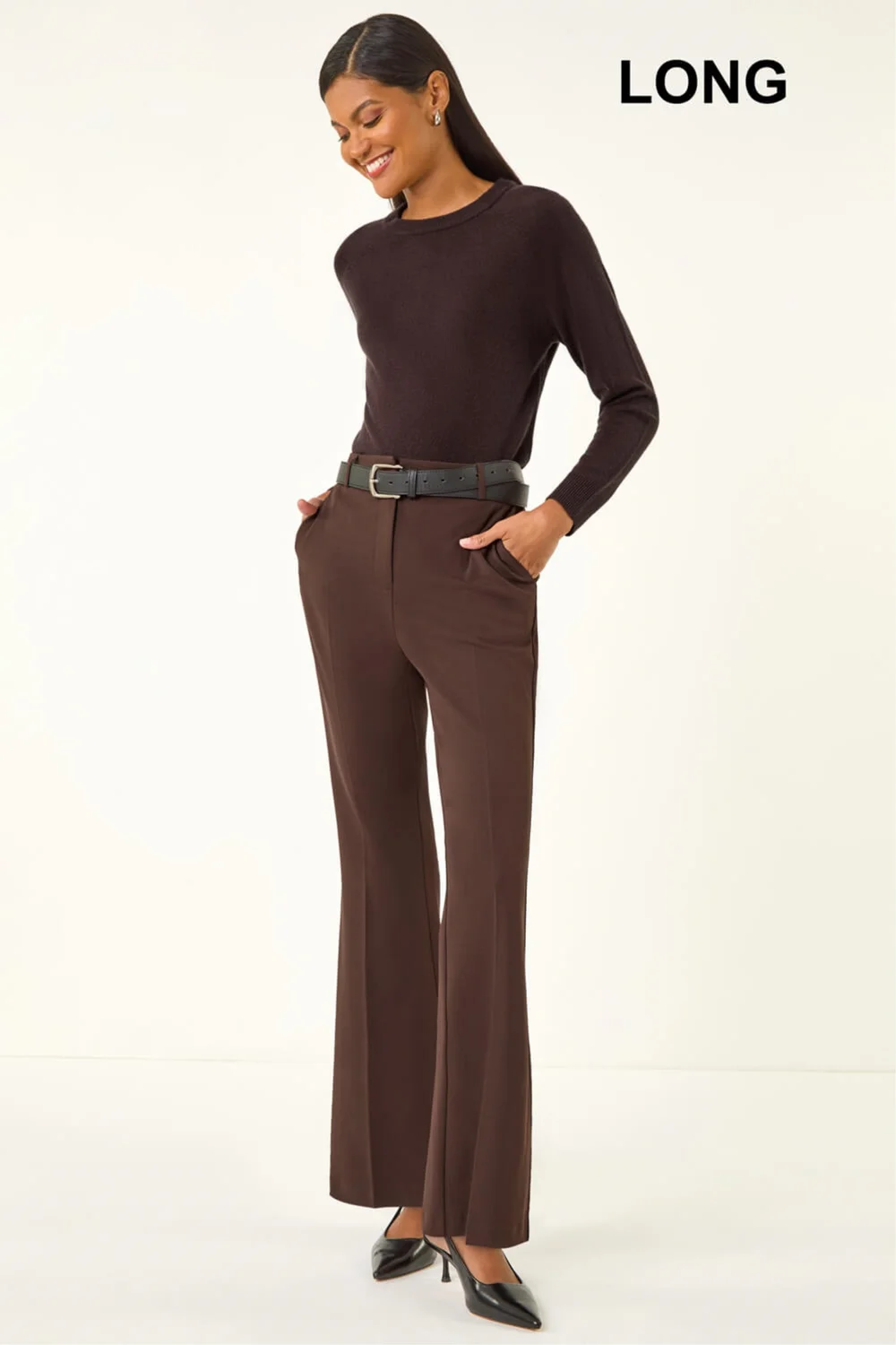 Roman Dark Brown Long Bootcut Stretch Trousers - 12 Image 1