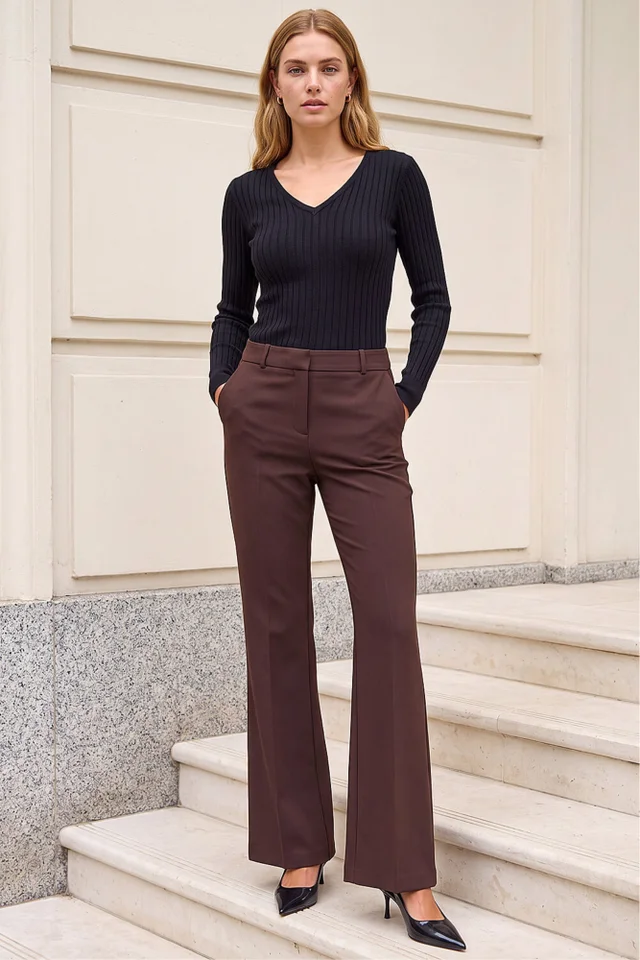 Roman Dark Brown Long Bootcut Stretch Trousers