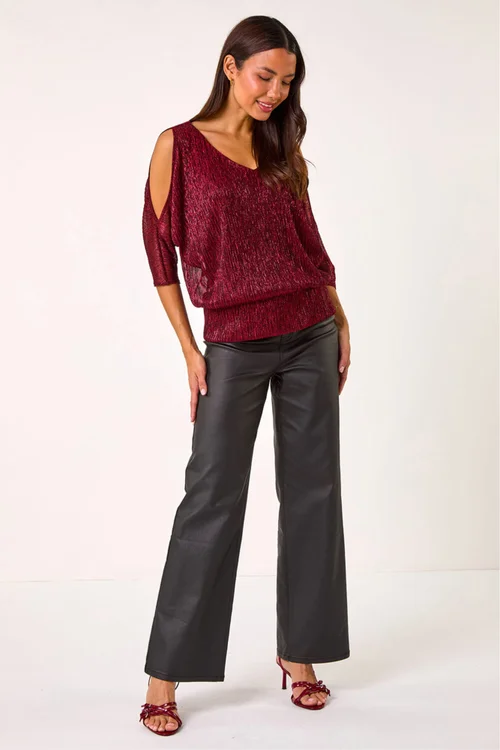 Roman Red Metallic Plisse Banded Hem Top - 10 Image 2