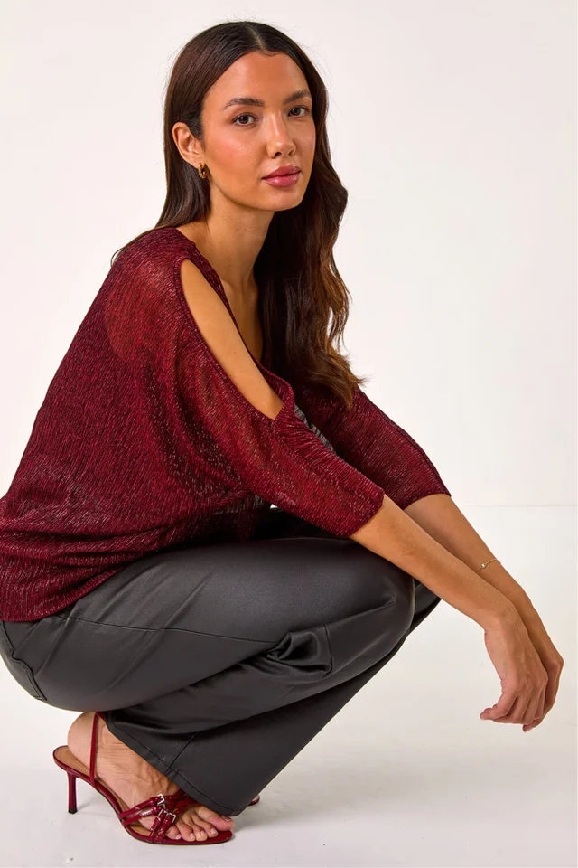 Roman Red Metallic Plisse Banded Hem Top
