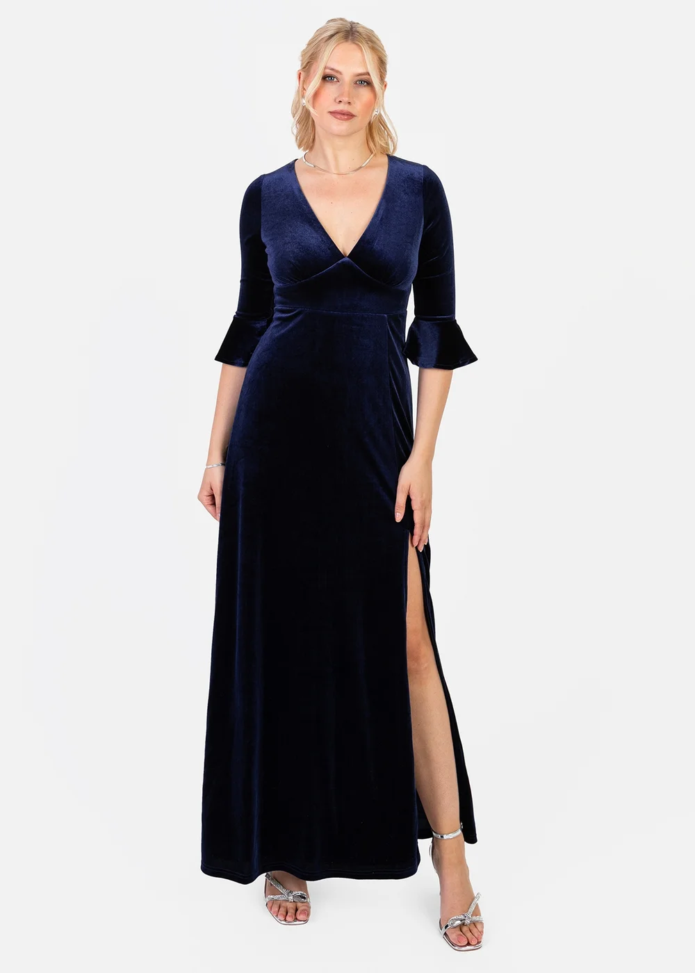 Maya Deluxe Navy V Neck 3/4 Flute Sleeve Velvet Maxi Dress - 20 | Matalan Maya Deluxe Navy V Neck 3/4 Flute Sleeve Velvet Maxi Dress - 20 | Matalan
