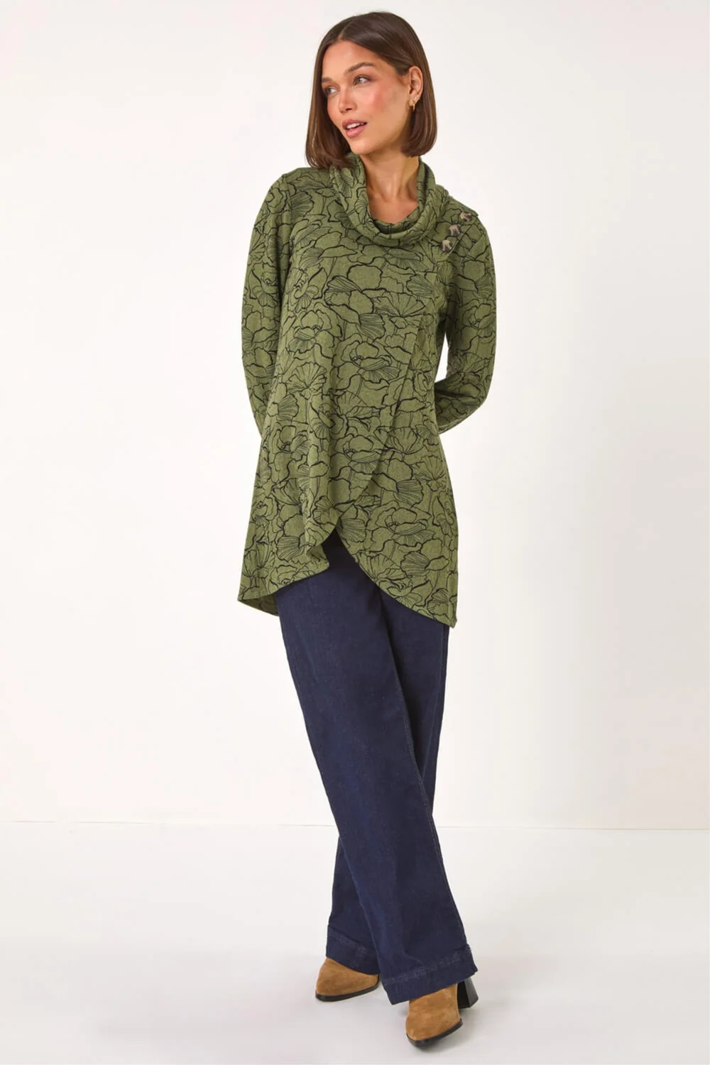 Roman Khaki Floral Print Cowl Neck Top - 20 Image 2