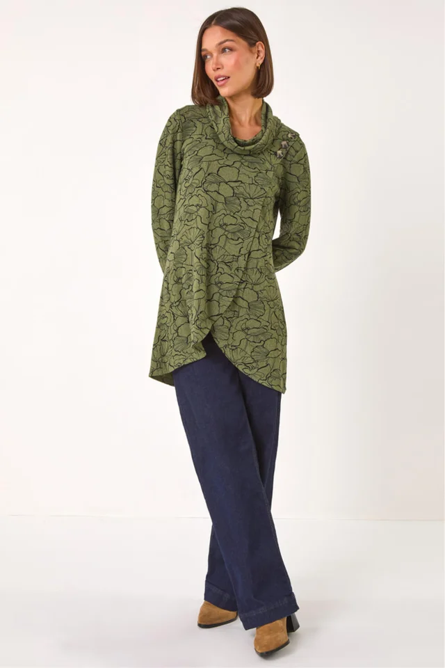 Roman Khaki Floral Print Cowl Neck Top