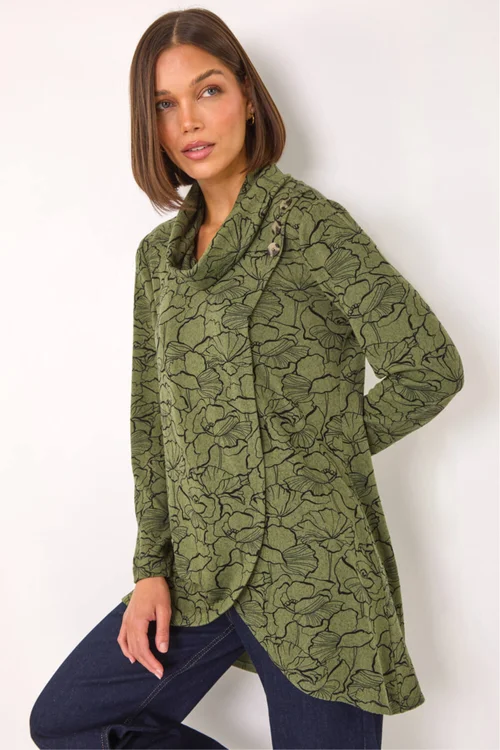 Roman Khaki Floral Print Cowl Neck Top - 20 Image 1