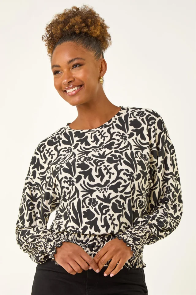 Roman Black Abstract Print Stretch Top