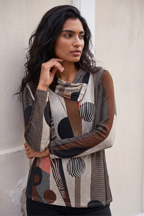 Roman Brown Abstract Print Snit Top - 12 Image 1