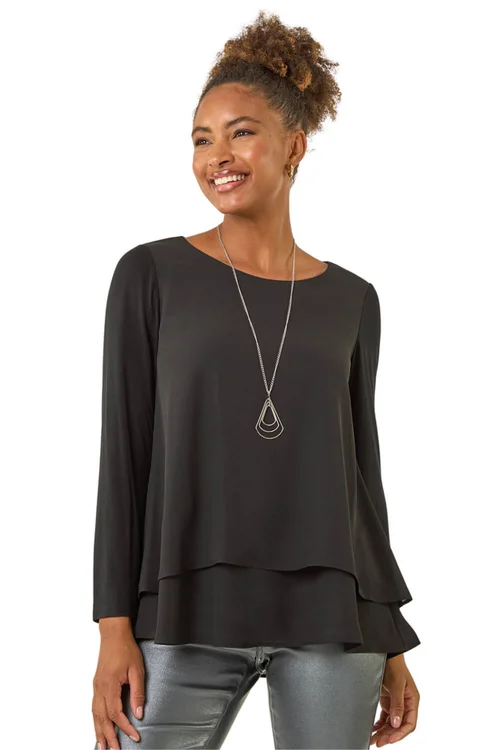 Roman Black Chiffon Overlay Necklace Top - 14 Image 1