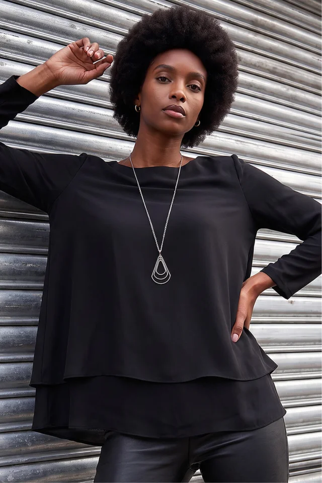 Roman Black Chiffon Overlay Necklace Top