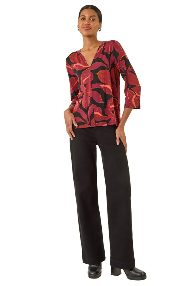 Roman Red Floral V-Neck Stretch Top