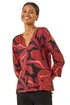 Roman Red Floral V-Neck Stretch Top - Size 20 Clothing Image 1