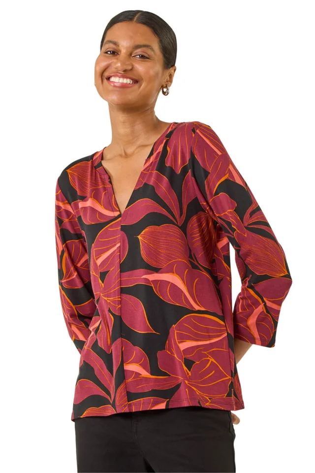 Roman Red Floral V-Neck Stretch Top