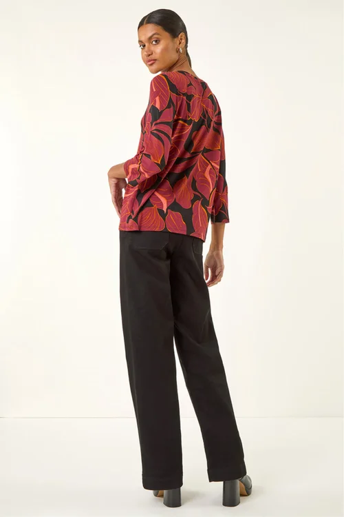 Roman Red Floral V-Neck Stretch Top - Size 20 Clothing Image 4