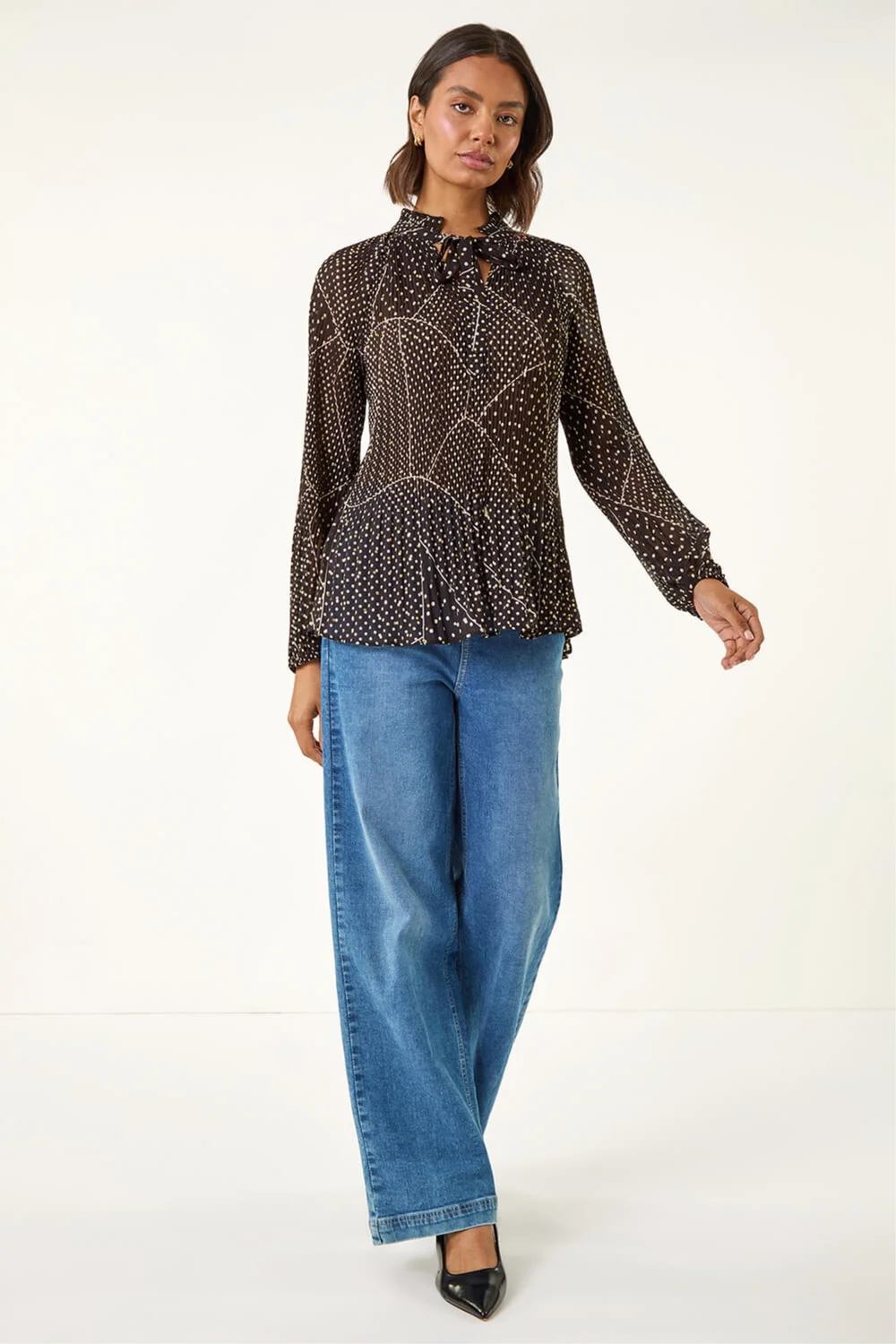 Roman Black Spot Print Tie Neck Pleated Top - 14 Image 2