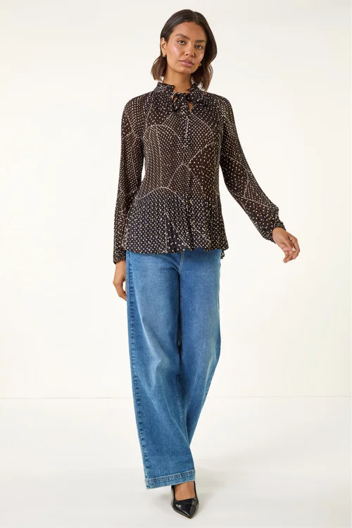 Roman Black Spot Print Tie Neck Pleated Top - 14 Image 2