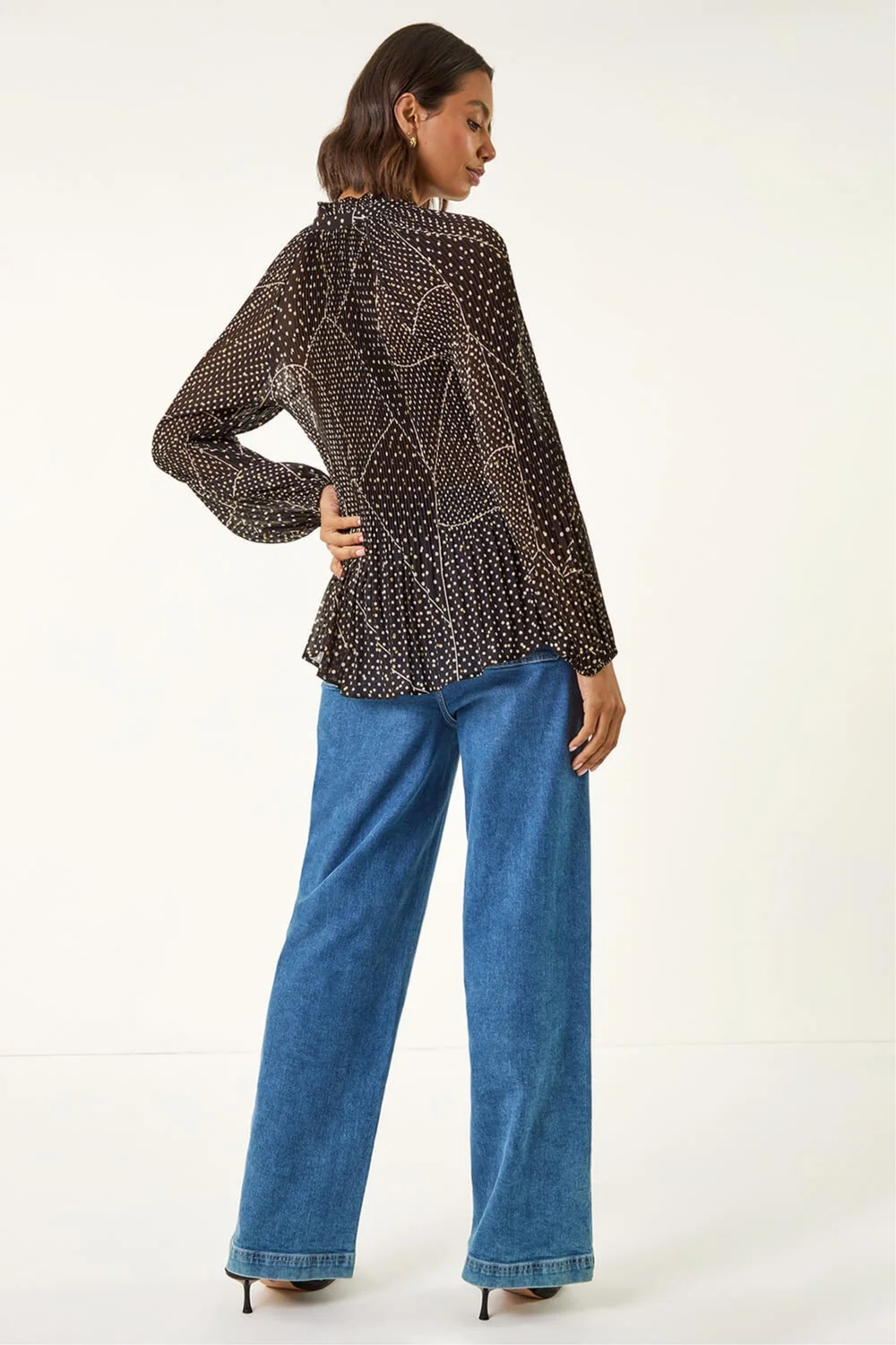 Roman Black Spot Print Tie Neck Pleated Top - 14 Image 3