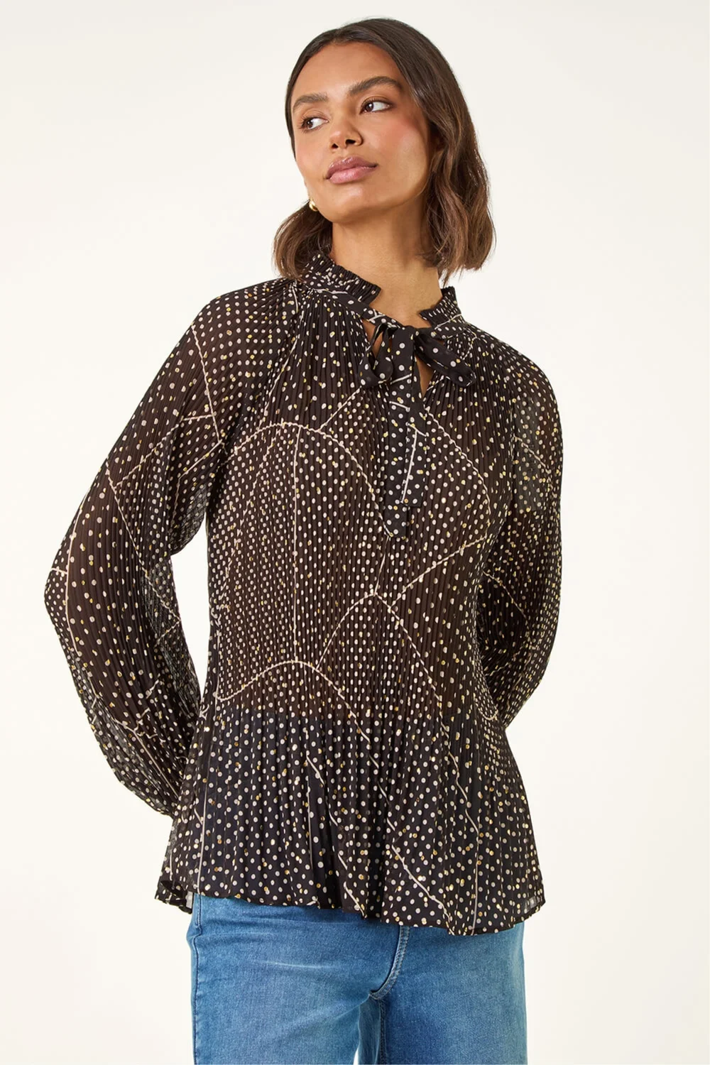 Roman Black Spot Print Tie Neck Pleated Top - 14 Image 4