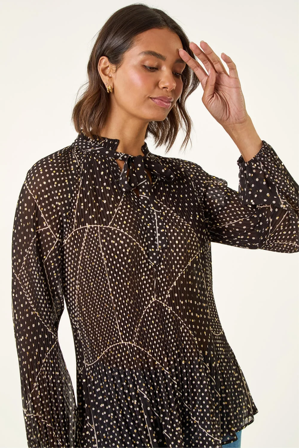 Roman Black Spot Print Tie Neck Pleated Top - 14 Image 1