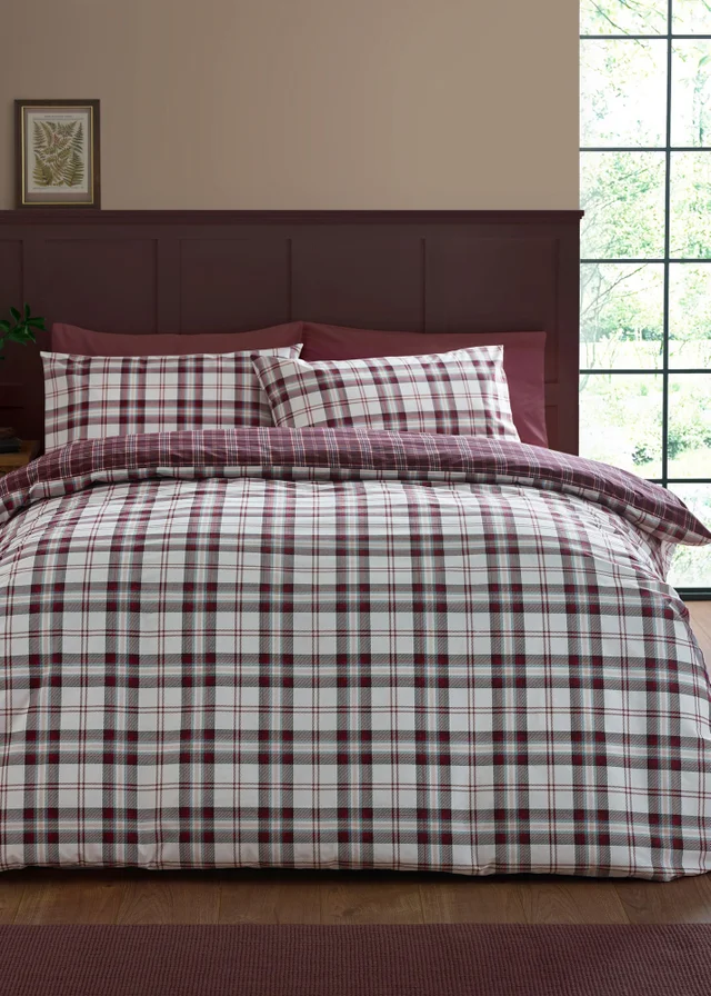 Catherine Lansfield Kelso Check Reversible Duvet Cover Set Plum