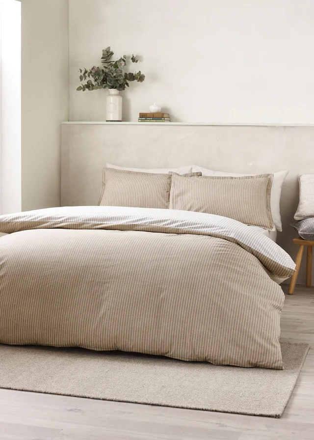 Catherine Lansfield Oxford Pinstripe Reversible Duvet Cover Set Natural