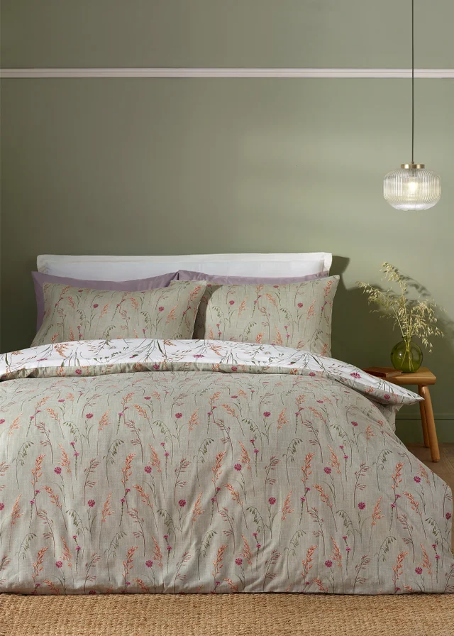 Catherine Lansfield Brushed Grasmere Floral Cotton Reversible Duvet Cover Set Green