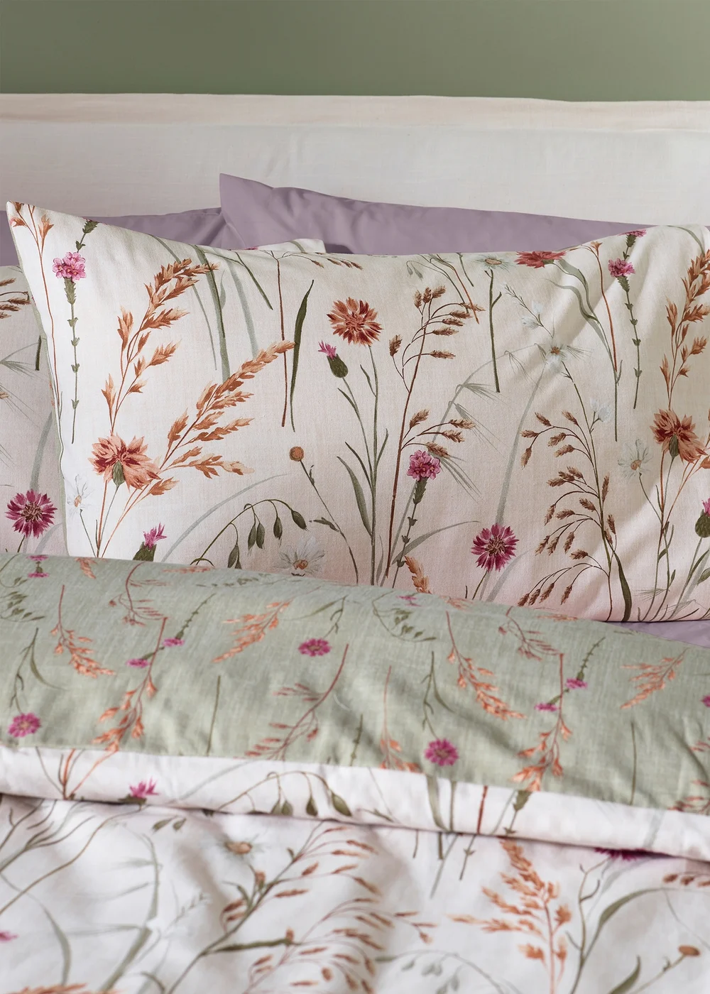 Catherine Lansfield Brushed Grasmere Floral Cotton Reversible Duvet Cover Set Green - Single Image 3