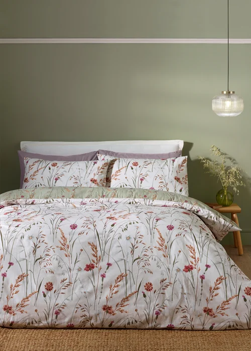Catherine Lansfield Brushed Grasmere Floral Cotton Reversible Duvet Cover Set Green - Single Image 1