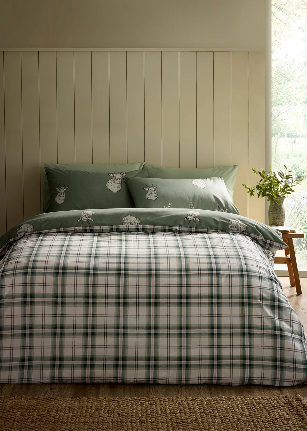 Catherine Lansfield Stag Check Reversible Duvet Cover Set Soft Green - Single Image 2