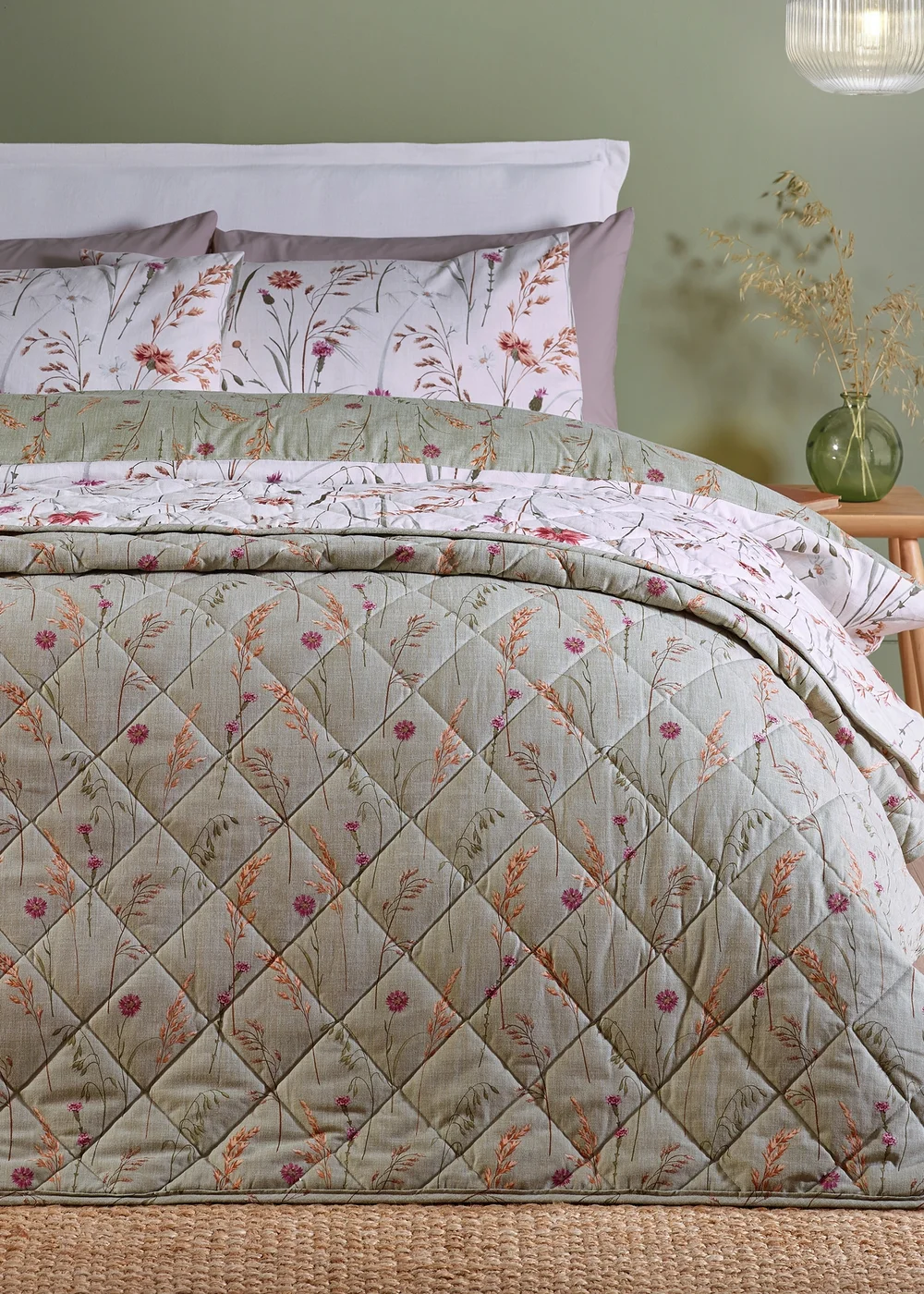 Catherine Lansfield Brushed Grasmere Floral Cotton Reversible Quilted Bedspread Green - One Size Image 2
