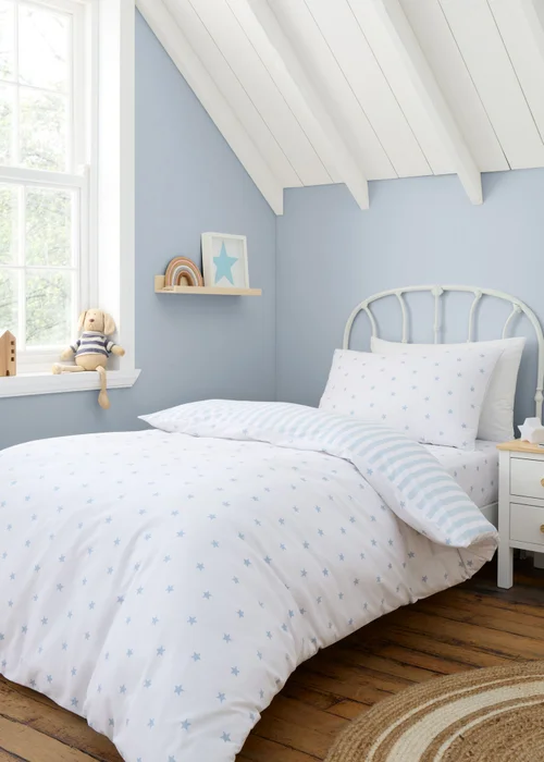 Bianca Fine Linens Mini Star & Stripes Reversible Cotton Duvet Cover Set Blue - Junior Image 1