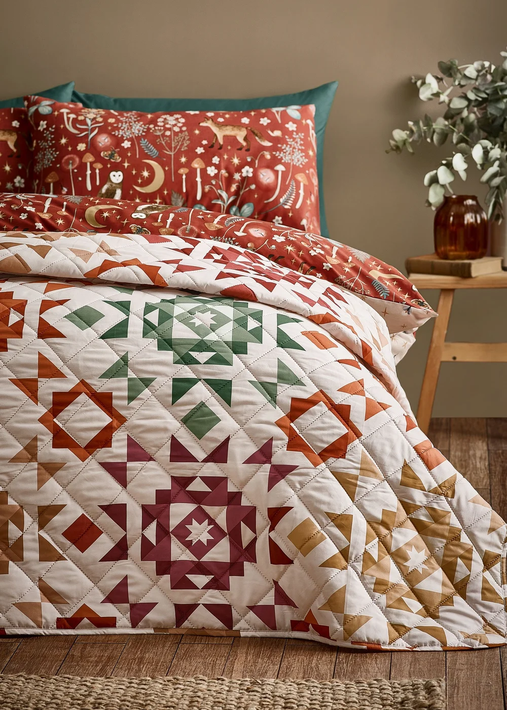 Catherine Lansfield Autumn Patchwork Geo Quilted Bedspread Natural - One Size Image 1