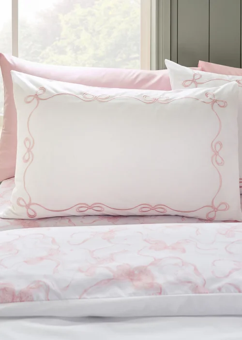 Catherine Lansfield Bow Embroidery Duvet Cover Set White/Pink - Single Image 3