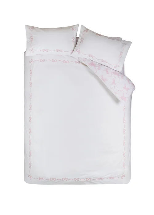 Catherine Lansfield Bow Embroidery Duvet Cover Set White/Pink - Single Image 5