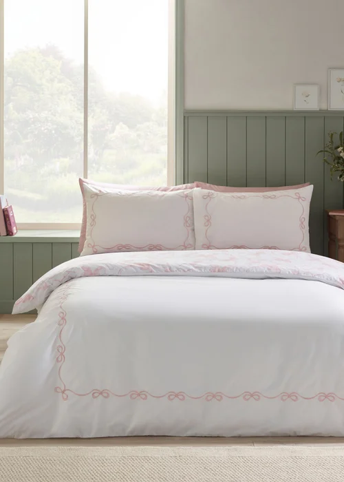 Catherine Lansfield Bow Embroidery Duvet Cover Set White/Pink - Single Image 1